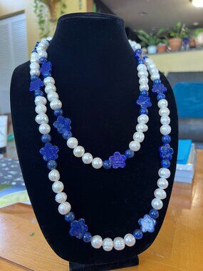 Stunning VINTAGE 55”Lapis Lazuli & Freshwater Pearl Statement Rope Bead Necklace
